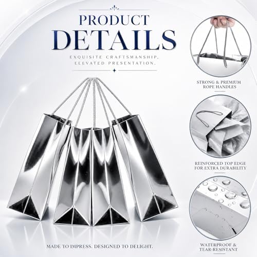 TaoBary 24 Pack Silver Gift Bags with Tissue Paper, 9''x8''x4'' Metallic Paper Bags with Handles, Medium Size for Wedding, Birthday, Baby Shower Party Favors - Image 3