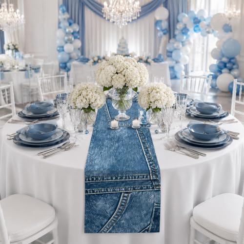 7Pcs 72 x 13'' Blue Jean Table Runners Blue Jean Baby Shower Decorations Denim Table Runner Tablecloth for Baby Shower Denim and Diamonds Engagement Wedding Birthday Dining Kitchen Decor (1 Design) - Image 5