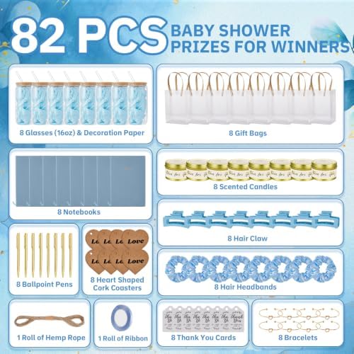 90Pcs Baby Shower Prizes for Game Winners Gifts Wedding Bridal Shower Gifts Including Glass Cans Notebooks Soy Candles Hair Clips for Baby Shower Wedding Bridal Shower Game Prizes (Blue, 8 Sets) - Image 3