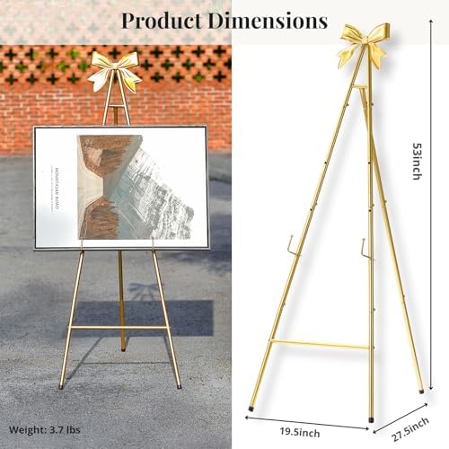 53”H Metal Gold Easel Stand for Sign Heavy Duty with Bow Top - Image 3