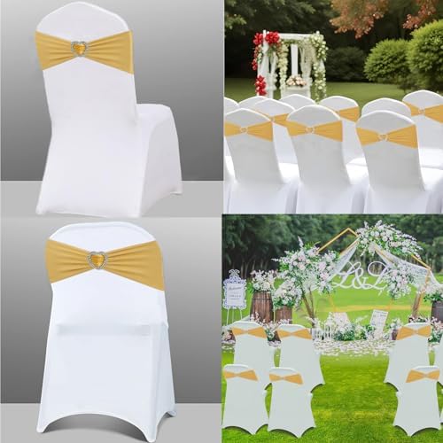 Gold Chair Sashes for Wedding 50 PackSpandex Gold Sashes for Chairs Covers Stretch Chair Sashes Band with Heart Buckle Slider Wedding Sashes Bows for Banquet Party Decorations - Image 5