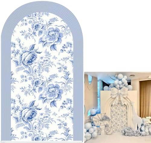 Blue and White Floral Arch Backdrop Cover Vintage Peony Arch Stand Spandex Cover Elegant Toile de Jouy Wedding Baby Shower Birthday Party Decoration French Country Style Background (G4229,6FT) by HUAYI