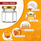 60 Pack Mini Glass Honey Jars Party Favors,1.5 oz Small Hexagon Glass Honey Jars with Dippers,Lids,Gold Bags,Bee Charms,Thank You Cards,Jute,Cute Stickers for Baby Shower Favors,Wedding party gift - Image 6
