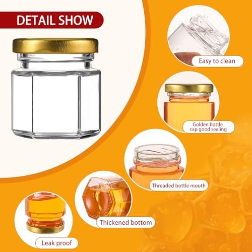 60 Pack Mini Glass Honey Jars Party Favors,1.5 oz Small Hexagon Glass Honey Jars with Dippers,Lids,Gold Bags,Bee Charms,Thank You Cards,Jute,Cute Stickers for Baby Shower Favors,Wedding party gift - Image 6
