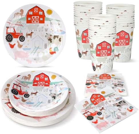 FoldTier 100 Pcs Farm Animal Theme Party Plates Set, Including 25 Pack 9 Inch and 7 Inch Farm Paper Plates, 25 Disposable Napkins and 25 Paper Cups, Fit for Birthday Decorations, Baby Showers by FoldTier