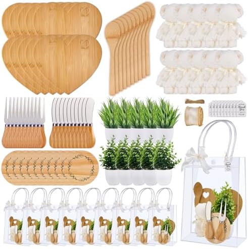90Pcs Baby Shower Prizes for Game Winners Bamboo Cheese Board Fork Butter Spreaders Coasters Towel Artificial Potted Plant Gift Bag for Baby Shower Bridal Shower Favors (10 Sets, Bamboo Heart Shaped) by WishFond