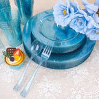 Rubtlamp 180Pcs Blue Glitter Dinnerware Set(30 Guests), Blue Plastic Plate With Gitter Disposable Silverware, Gitter Plate Set Include 30Dinner Platos, 30Dessert Platos, 90Cutlerys, 30Cups for Party - Image 6