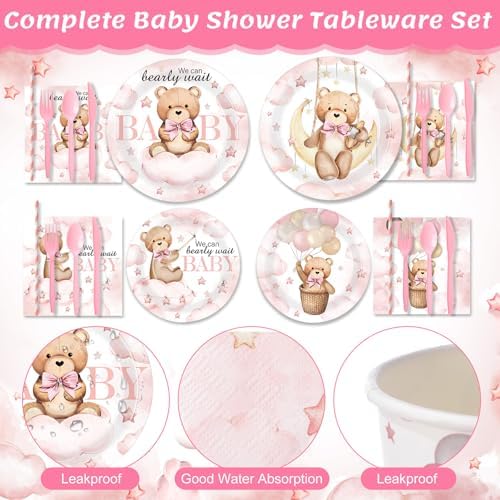 450 Pcs Tableware Set, Serve 50, Pink, Bear Baby Shower - Image 3