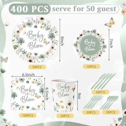 Funnymoom 400 Pcs Baby in Bloom Party Supplies for 50 Guests Green Floral Baby Shower Paper Plates and Napkins Knives Spoon Fork Cup Disposable Wildflower Dinner Party for Spring Greenery Favor - Image 3