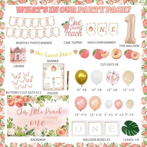 130 PCs One Sweet Peach Birthday Decorations, Fiesec Peach 1st Party Decorations Backdrop Balloon Garland Leaves Monthly Photo Highchair Banner Cake Topper Box Cutout Crown Poster Pastel Peach - Image 2