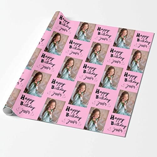 MyPupSocks Personalized Photo Wrapping Paper, Happy Birthday with Name Photo Pink Custom Gift Wrapping Paper with Picture for Teens Women Men Mom Dad Birthday Wedding Anniversary 58x23 3 Rolls - Image 2