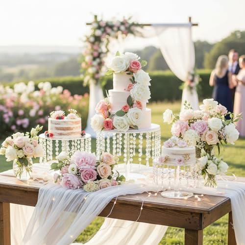 Acrylic Wedding Cake Stand Set - 3 Pcs Clear Round Cupcake Stands Dessert Display with Crystal Bling Pendants, for Wedding Event Birthday Party Baby Shower Tabletop Decorations Centerpieces - Image 3