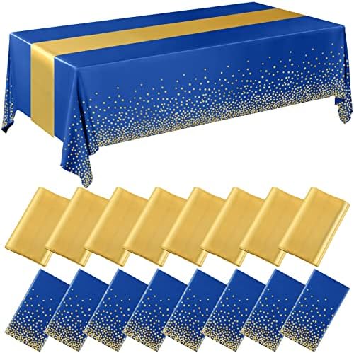 Tudomro 16 Pack Dark Blue and Gold Plastic Tablecloths Satin Runner Set by Tudomro