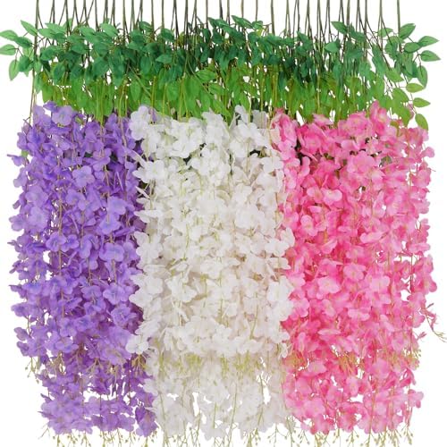 Waipfaru 24 Pack Wisteria Hanging Flowers, 3.6 Feet Wisteria Artificial Flowers, Wisteria Garland, Hanging Flowers for Wedding Decoration, Vines for Bedroom Home Wall Decor (White & Pink & Purple) by Waipfaru