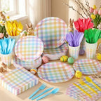 Funnymoom 400 Pcs Pastel Gingham Party Supplies for 50 Guests Pastel Pink Blue Yellow Checked Paper Plates and Napkins Cups Disposable Dinner Parties Set Cutlery for Holiday Spring Party Favor - Image 6