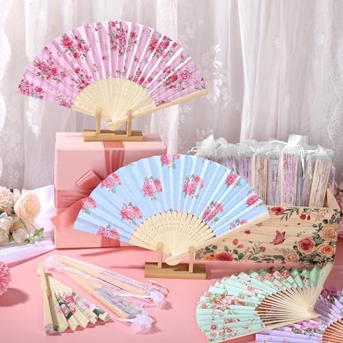 Aodaer 50 Pack Tea Party Favor Floral Printed Hand Fans with Organza Bags Bulk Wooden Storage Box Retro Pattern Paper Handheld Folding Fans for Spring Picnic Bridal Shower Wedding Bridesmaid Gifts - Image 4
