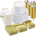 BESTVIP 700 PCS Disposable White and Gold Plastic Plates for 100 Guests by Bestvip