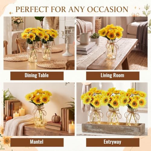 4 Sets Sunflower Mason Jar Centerpiece with LED Lights for Wedding - Image 5