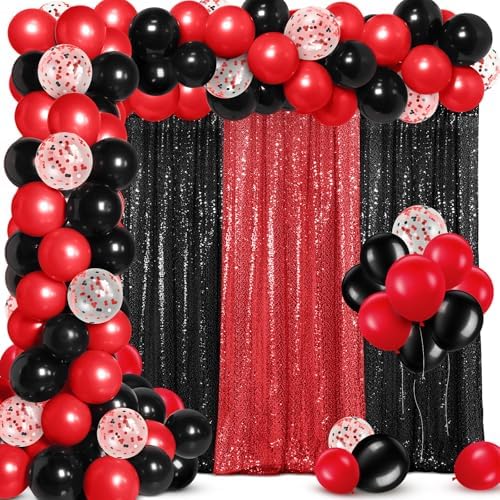 SmoothNovelty 137 Pcs 2026 Graduation Decoration Red Black Party Backdrop Kits - 4 Sequin Backdrop Curtain 133 Balloon Garland Kit Photo Prop Background for Prom Send Off Wedding Anniversary by SmoothNovelty
