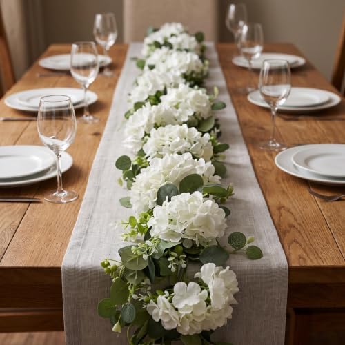 Artificial Hydrangea Flower Garland with Eucalyptus & Baby’s Breath 2PCS 6FT Floral Vines Greenery Garland for Mantel Wedding Arch Table Centerpiece Coastal Home Outdoor Decor (2, White) - Image 6