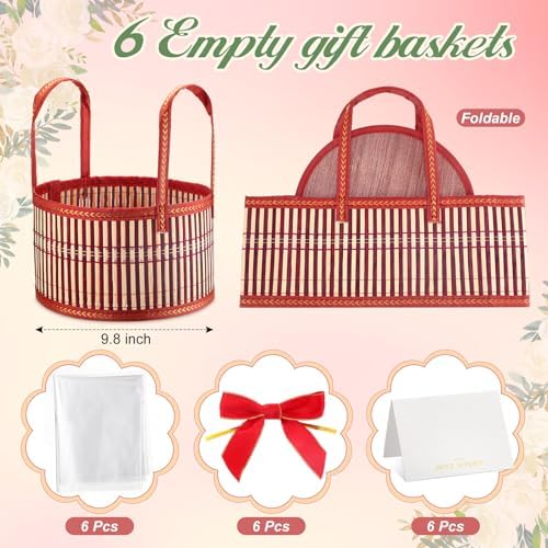 Weysat 6 Set Baskets for Gifts Empty Bulk, Large Woven Bamboo Gift Basket Kit with Handles, Bow, Wrap Bag to Fill for Raffle Thanksgiving Day Wedding Birthdays Party Wrapping (Red) - Image 2