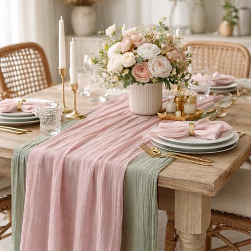 Cheesecloth Table Runner 10 Pack Sage Green and Dusty Pink, Boho Gauze Table Runner 10Ft 120 Inches Long for Wedding Decor, Party & Home Table Decoration by Avolander
