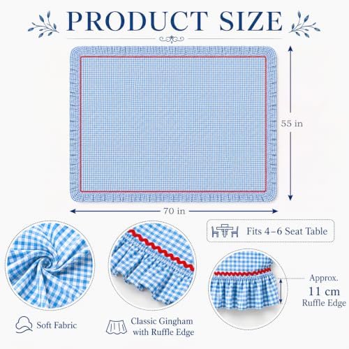 JarThenaAMCS Gingham Ruffle Tablecloth with Red Rick Rack Blue White Plaid Cotton Table Cloth Decorative Rectangle Farmhouse Table Cover for 4th of July Home Kitchen Party Decoration, 55 x 70 Inch - Image 2