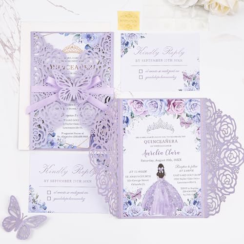 Purple Butterfly Laser Cut Wedding Invitations 50pcs Custom Invitation Card - Image 7