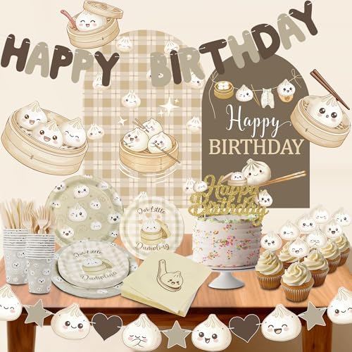 Little Dumpling Party Tableware Set - Dumpling Birthday Banner with Cake Topper, Kawaii Bao Bun All-in-One Party Decor for Baby Shower Gender Reveal Supplies, Serves 20 by KARAQY
