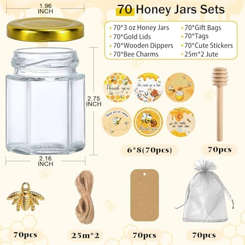 Aliggbent 70 Pack Honey Jars, 3oz Hexagon Glass with Dippers - Image 2
