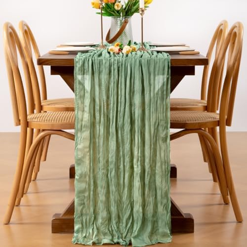 Sage Green Cheesecloth Table Runner Boho Wrinkled Gauze Table Runners - Image 4