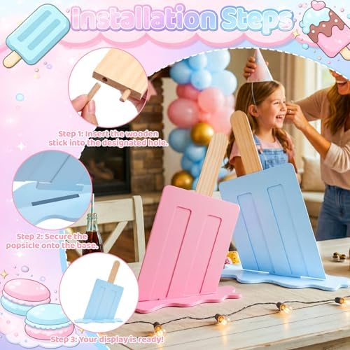 2 Pcs Wooden Ice Cream Sign Ice Cream Pop Party Decorations 20" Ice Lolly Centerpiece Table Sign Macaron Pink Blue Party Decor for Summer Baby Shower Gender Reveal Birthday Supplies - Image 3