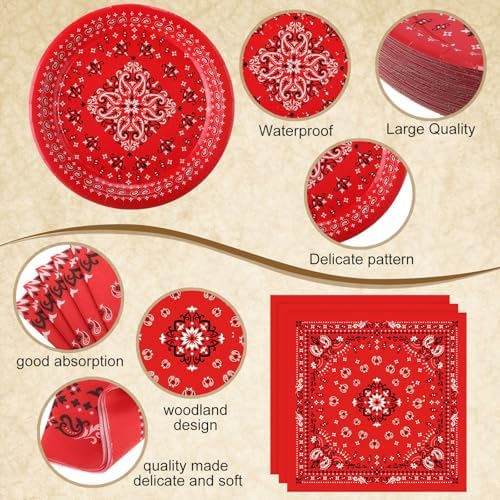 Funnymoom 452 Pcs Red Bandana Western Party Decorations for 50 Guests, Red Bandana Paper Plates Cups Napkins Tablecloth Cutlery Straws for Cowboy Cowgirl Farm Baby Shower Birthday Party Supplies - Image 3
