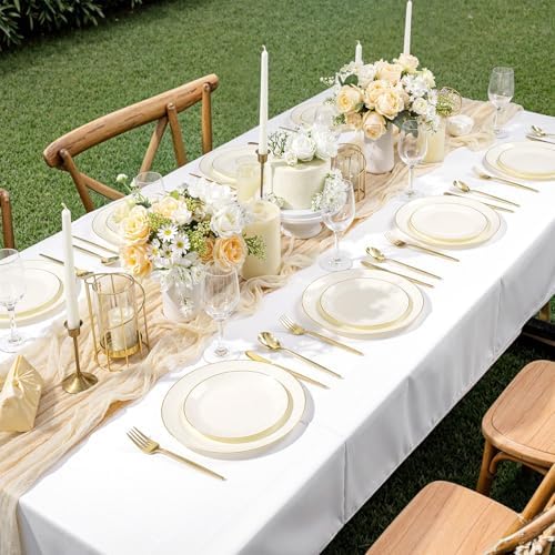 bUCLA 200PCS Ivory Plastic Plates with Gold Rim - Heavy Duty Cream Disposable Include 100 Dinner 10 inch & 100 Dessert 7 inch Plates, Ideal for Party & Wedding - Image 5