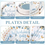 Pickmesh 250 Pcs Blue Floral Baby Shower Party Supplies Decorations Serve 50 Wildflower Welcome Baby Disposable Paper Plates Napkins and Cups for Birthday Babies Boy Shower Gender Reveal Party Decor - Image 2