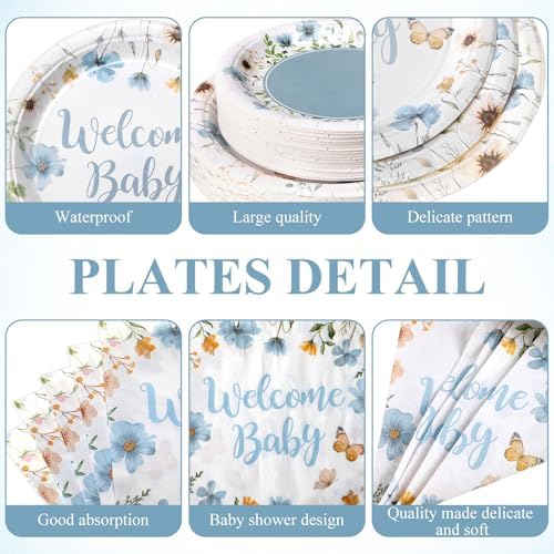 Pickmesh 250 Pcs Blue Floral Baby Shower Party Supplies Decorations Serve 50 Wildflower Welcome Baby Disposable Paper Plates Napkins and Cups for Birthday Babies Boy Shower Gender Reveal Party Decor - Image 2