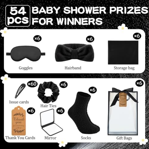 54 Pcs Baby Shower Prizes for Winners Prizes Gifts 6 Sets with Headbands Eye Masks Mirrors Hair Ties Hair Clips Socks Storage Bags Thank Card Gift Bag for Baby Shower Party Wedding(Black) - Image 3