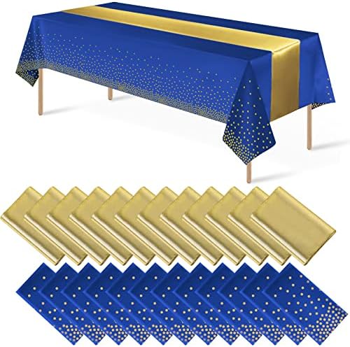 24Pack Disposable Plastic Tablecloths and Satin Table Runner Set Blue and Gold Dot Tablecloth Gold Satin Table Runner for Wedding Birthday Baby Shower Anniversary Christmas New Year Party Decorations by MASHAN