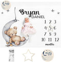 Personalized Baby Monthly Milestone Blanket Boy or Girl - Sleep Bear Months Blanket with Wood Frame and Newborn Wooden Sign - Growth Chart Milestone Blanket 1-12 Month Milestones by Dyoart