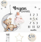 Personalized Baby Monthly Milestone Blanket Boy or Girl - Sleep Bear Months Blanket with Wood Frame and Newborn Wooden Sign - Growth Chart Milestone Blanket 1-12 Month Milestones by Dyoart