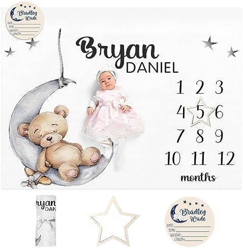 Personalized Baby Monthly Milestone Blanket Boy or Girl - Sleep Bear Months Blanket with Wood Frame and Newborn Wooden Sign - Growth Chart Milestone Blanket 1-12 Month Milestones by Dyoart
