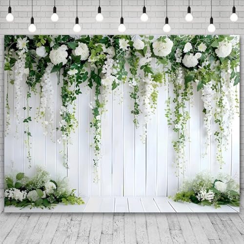 10x7ft White Flower Backdrop Green Leaves Wedding Bridal Shower Photography Background Floral Rustic Wood Wall Birthday Party Banner Decorations Reception Ceremony Portrait Photo Booth Prop - Image 3