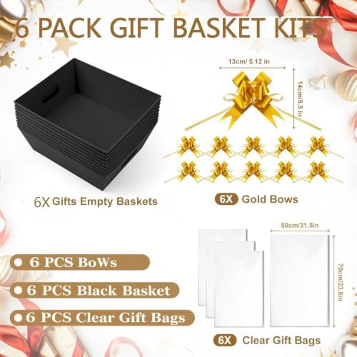 AFOROEOA 6 Pack Black Baskets For Gifts Empty, 10x8 Thick Paper Basket with 6 Clear Bags and 6 Pull Bows, Black Empty Gift Baskets for Halloween Corporate Birthday Wedding Luxury Gift Wrapping - Image 3