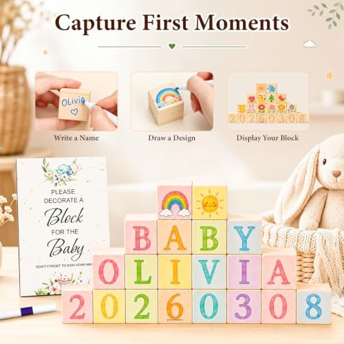 85 PCS Baby Shower Blocks Game Kit Templates to Paint, DIY Baby Shower Games & Gender Reveal Activity Set, 52 Wooden Blocks to Decorate, Includes 24 Acrylic Markers, Game Sign & 8 Templates to Paint - Image 3