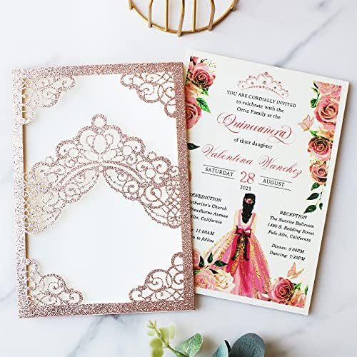 Hosmsua 50PCS Personalized Rose Gold Glitter Quinceanera Invitations Kit 5.1x7.3 Inch Laser Cut Floral Crown Quinceanera Invitation Cards with Envelopes for Birthday Quince Anos Invitation - Image 3