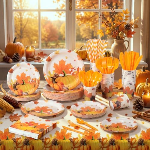Ceenna 452 Pcs Fall Party Supplies Plates Napkins Cups Tablecloth Serves 50 - Image 6
