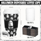 Whaline 50Pcs 16Oz Halloween Disposable Coffee Cups with Lids and Sleeves Spooky Foil Silver Ghost Boo Paper Drinking Cup for Trick or Treat Birthday Party Supplies - Image 2