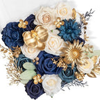 TINGE TIME Navy Blue Artificial Flowers Combo, Rose Dahlia Wedding Decor by TINGETIME