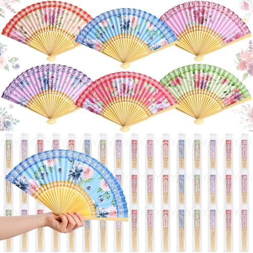 Briwooody 48 Set Floral Folding Hand Fans Bulk Vintage Floral Paper Fan with Organza Bags Retro Wedding Favors for Guests for Garden Bridal Shower Supplies Bridesmaid Gifts Tea Party Decorations by Briwooody