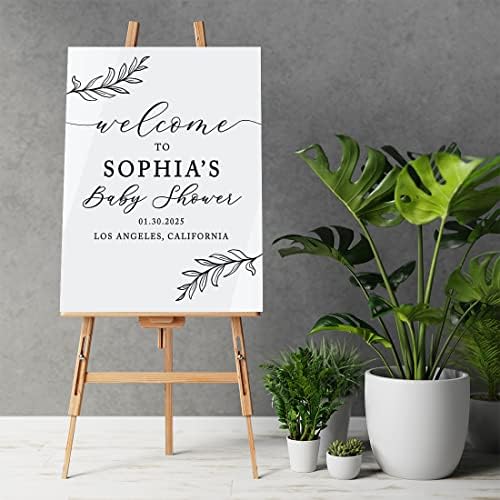 Andaz Press 16"X20" White Personalized Acrylic Baby Shower Welcome Sign, Gender Neutral Large Custom Welcome Baby Shower Sign For Easel Stand, Rustic Laurel Leaves Acrylic Baby Shower Sign - Image 2